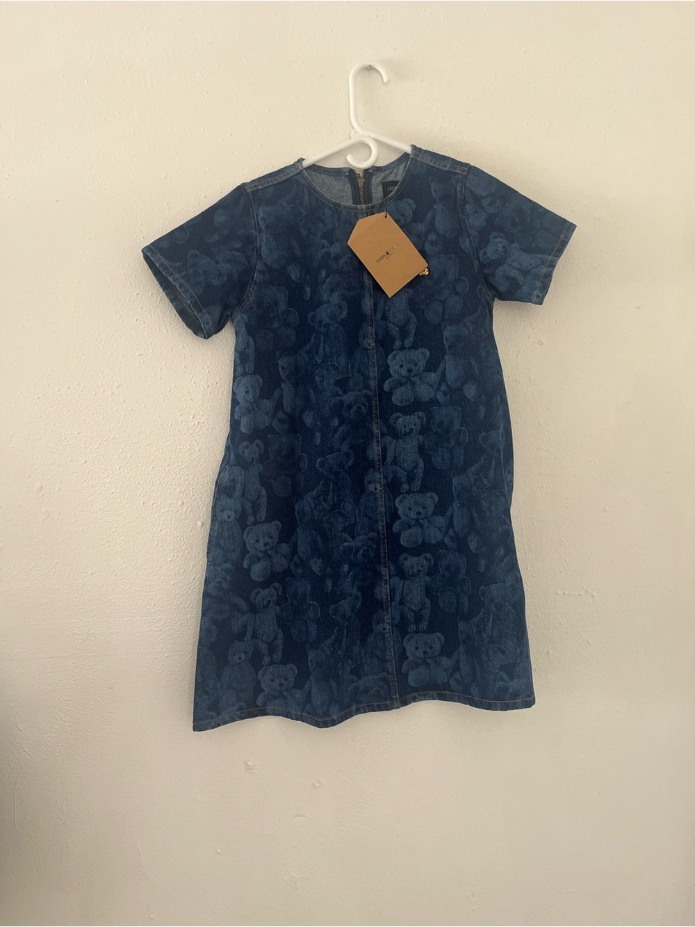 Teddy Fresh Dark Blue Teddy-Print Short Sleeve Denim Dress